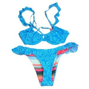NWT Maaji Underwire Blue Floral/ Colorful Striped Reversible Bikini Set Medium M
